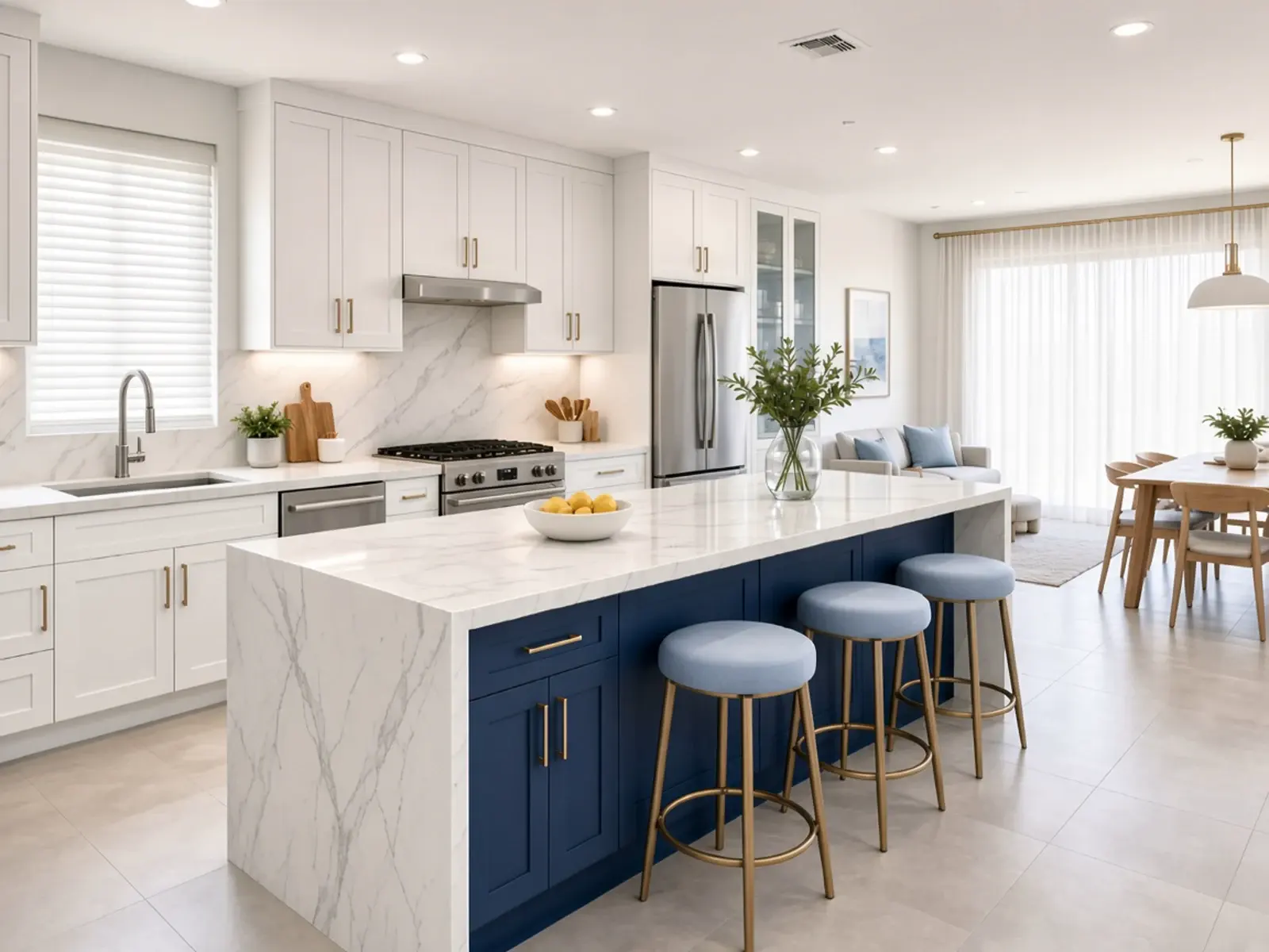 Navy island kitchen remodel with white cabinets and window blinds Paradise Valley Arizona