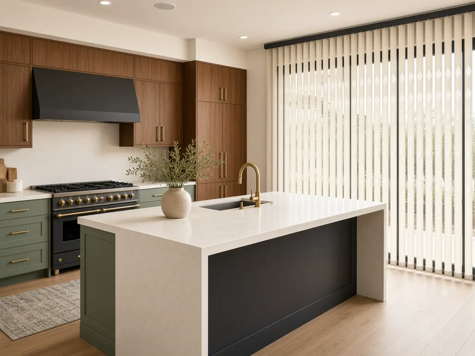 Sage and charcoal kitchen island remodel with vertical blinds Paradise Valley Arizona