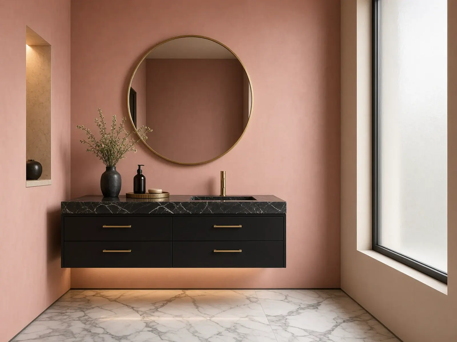 Powder room remodel with black vanity brass mirror and blush wall Scottsdale Arizona