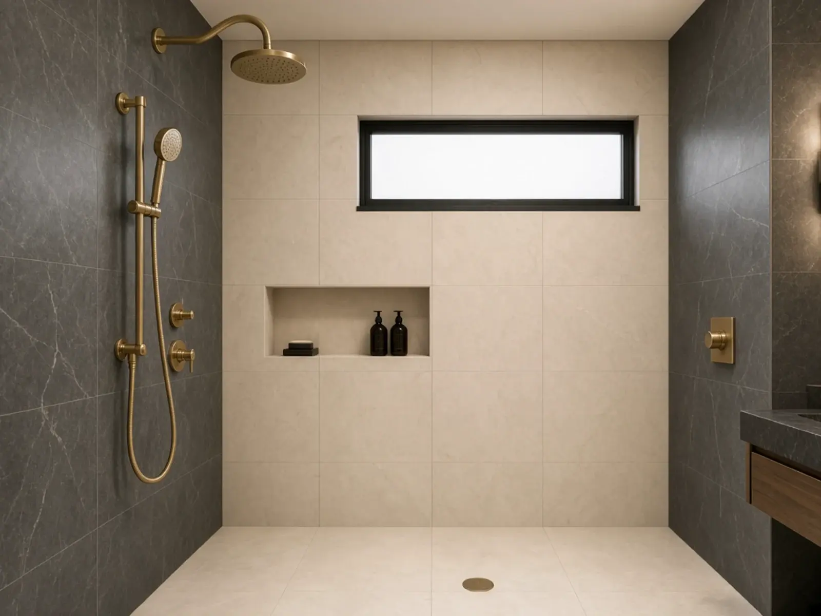 Charcoal and ivory walk in shower remodel with frosted window Scottsdale Arizona