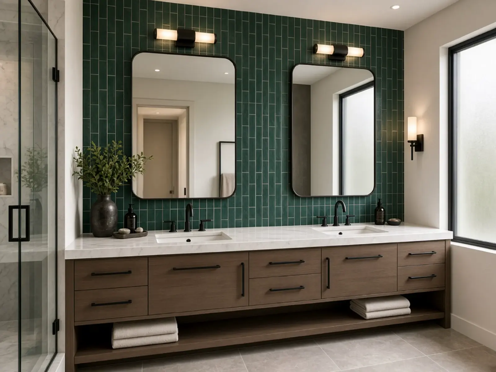 Emerald tile dual vanity bathroom remodel Scottsdale Arizona