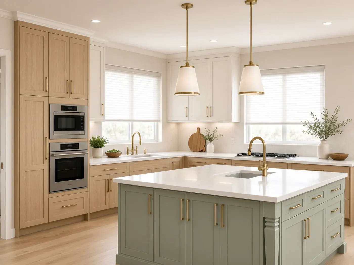 Bright kitchen after remodel with blinds and sage island Paradise Valley Arizona