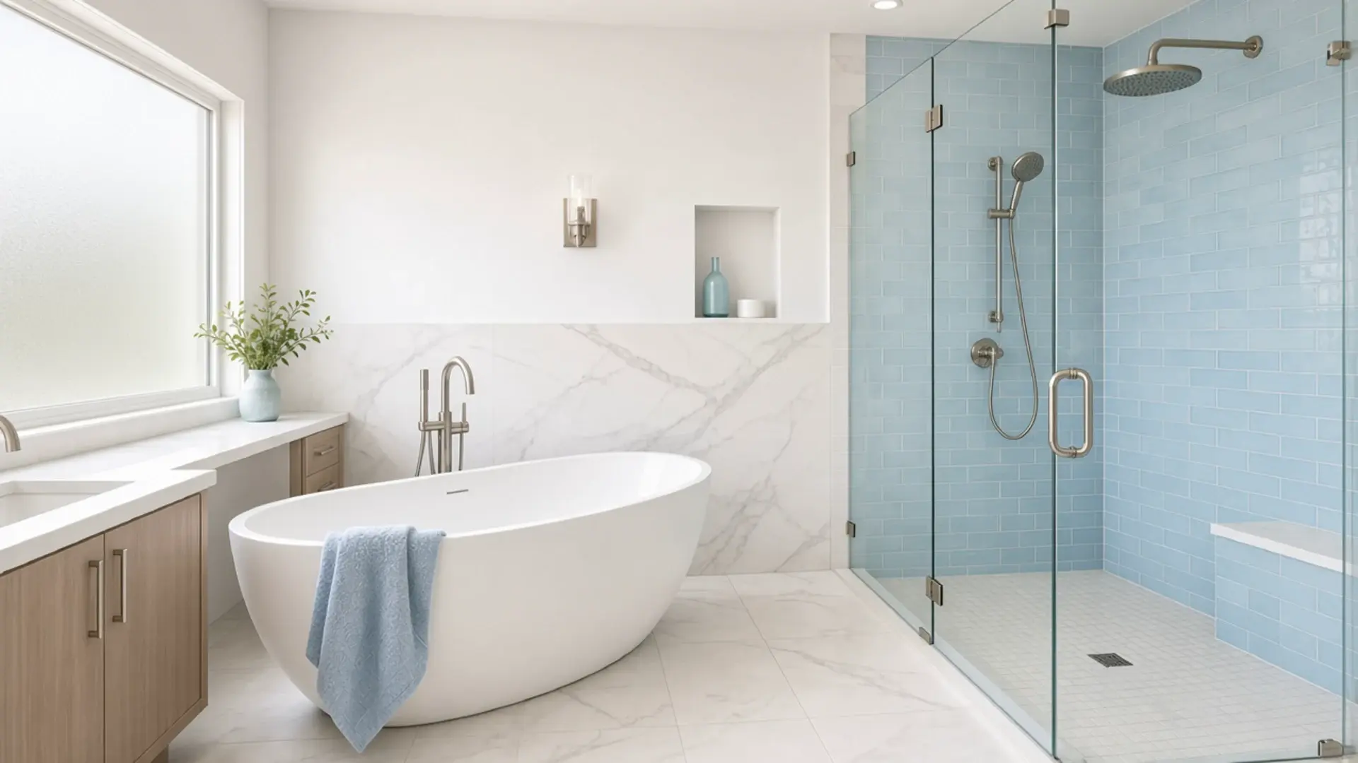 High end Scottsdale bathroom remodel with freestanding tub, blue towel, and frosted privacy glass