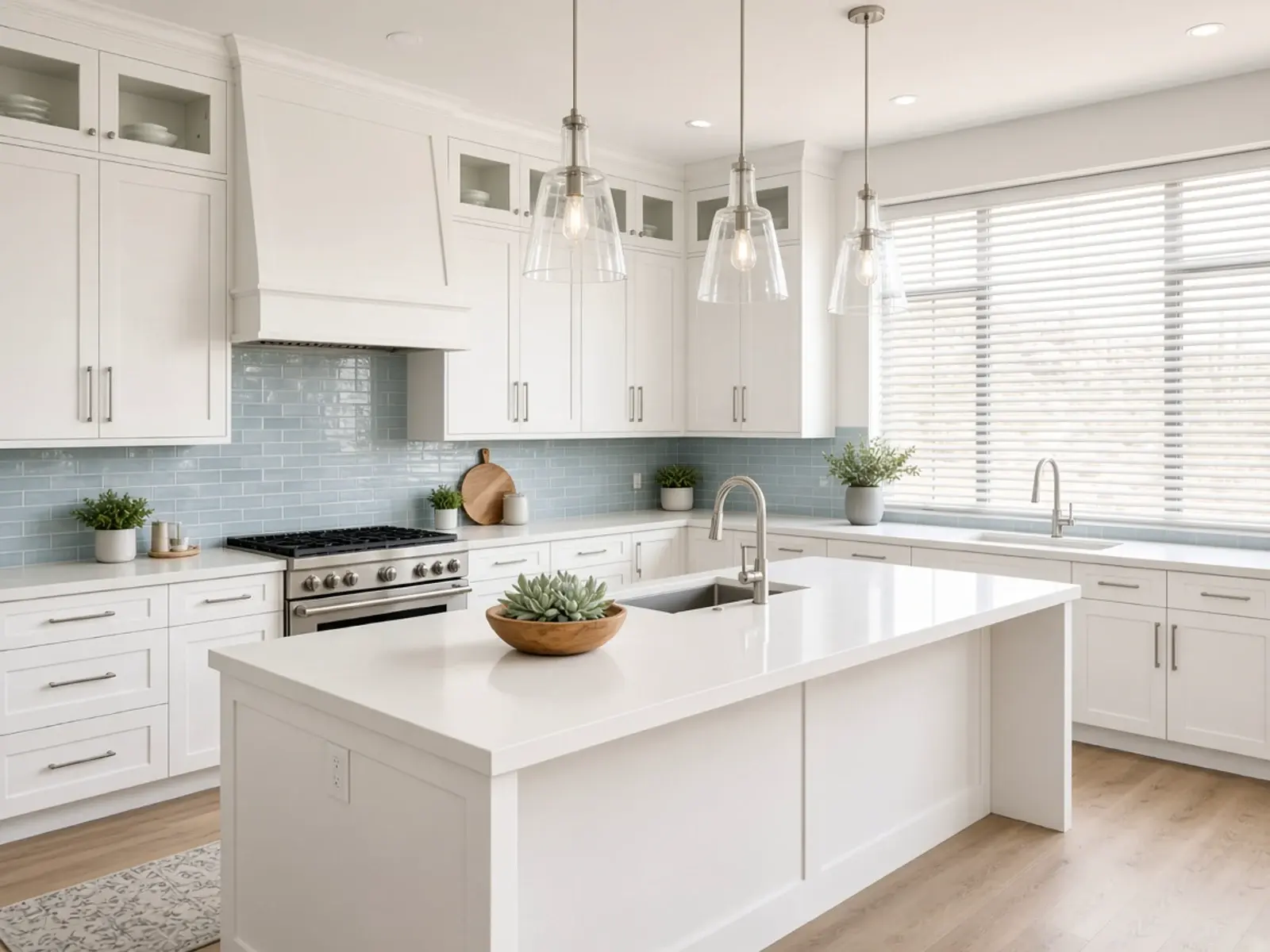 Bright white kitchen remodel with soft blue backsplash and window blinds Scottsdale Arizona