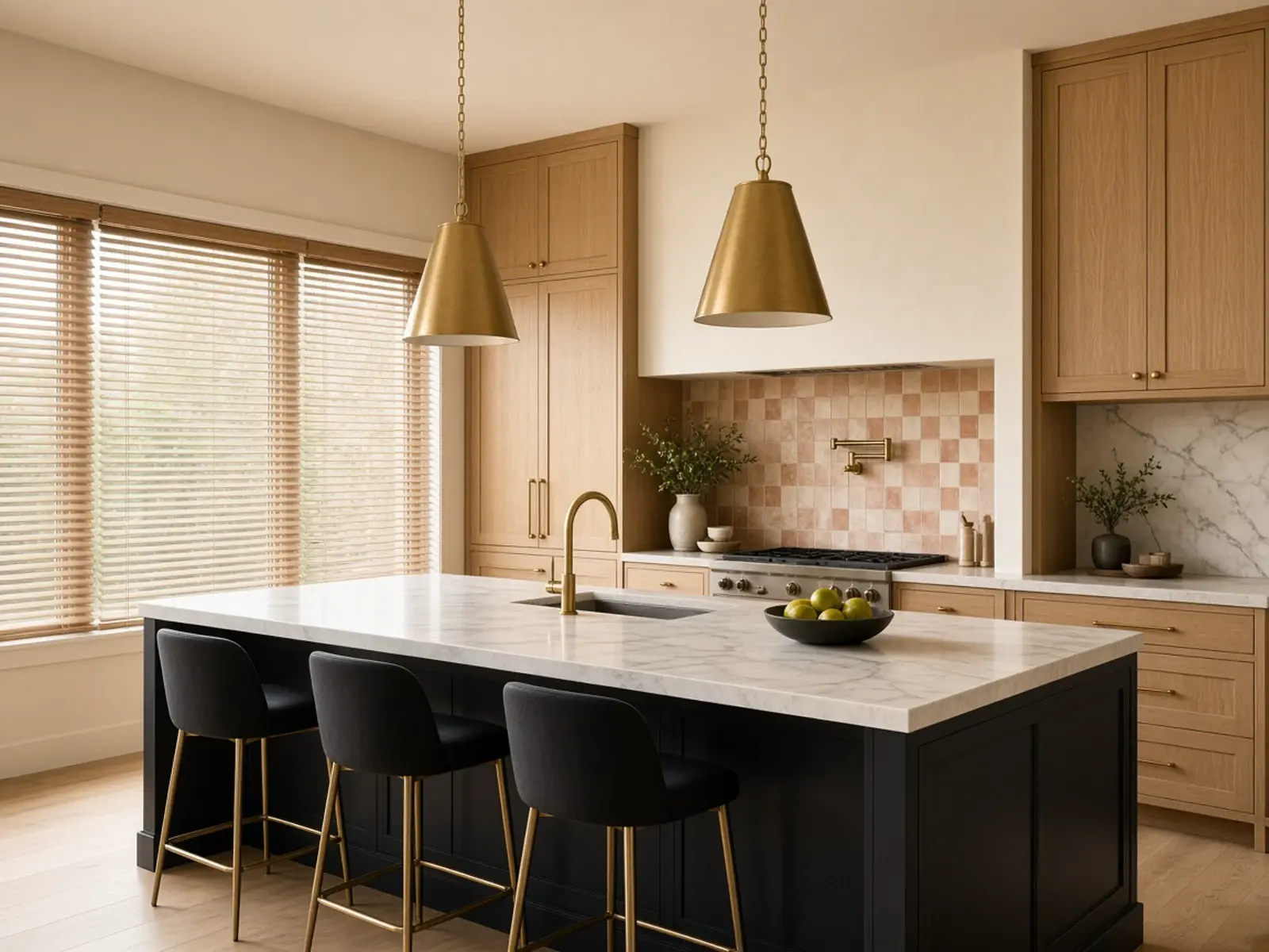 Oak and black kitchen remodel with brass pendants and blinds Scottsdale Arizona