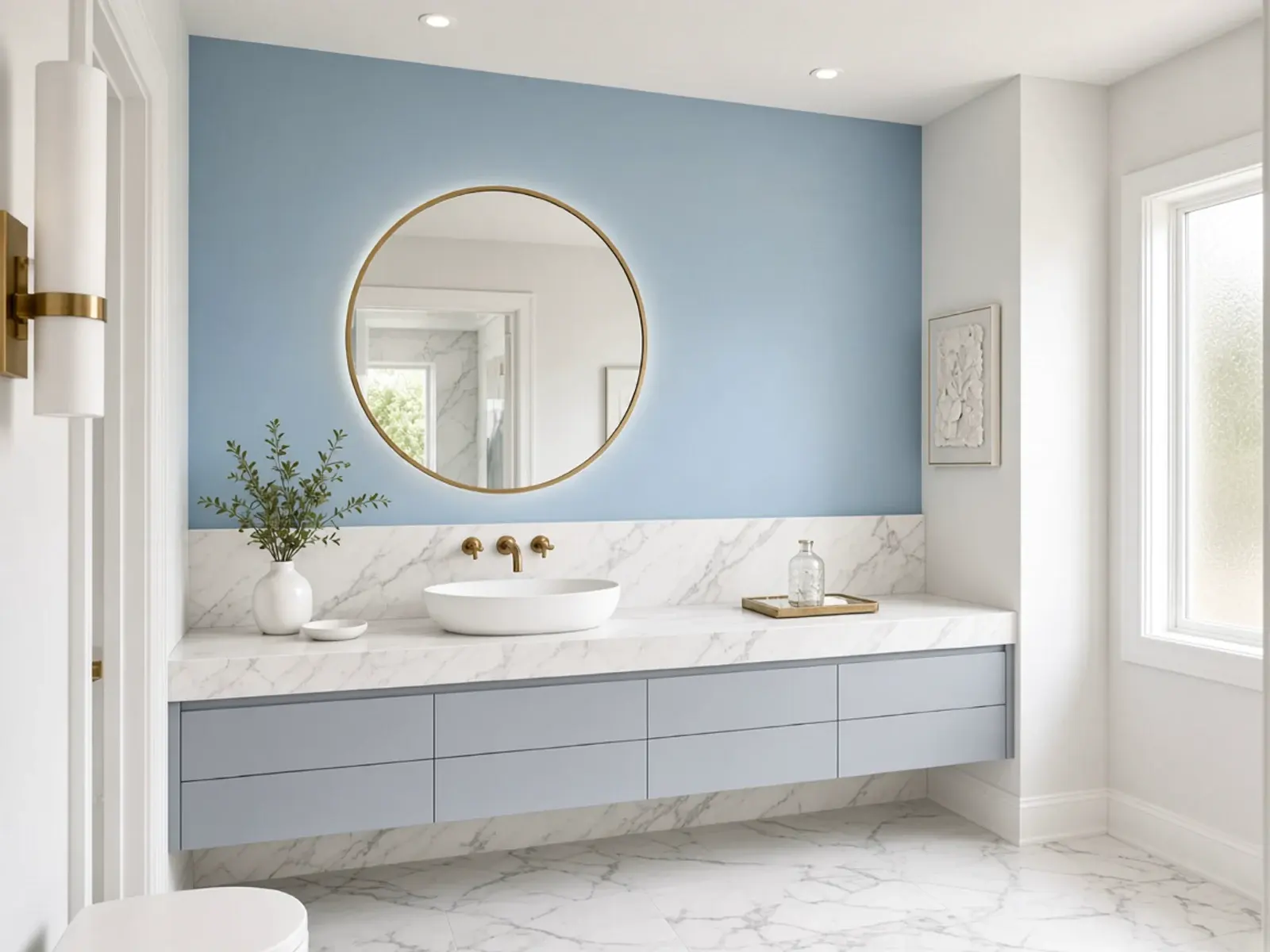 Powder room remodel with soft blue vanity gold mirror and frosted glass Scottsdale Arizona