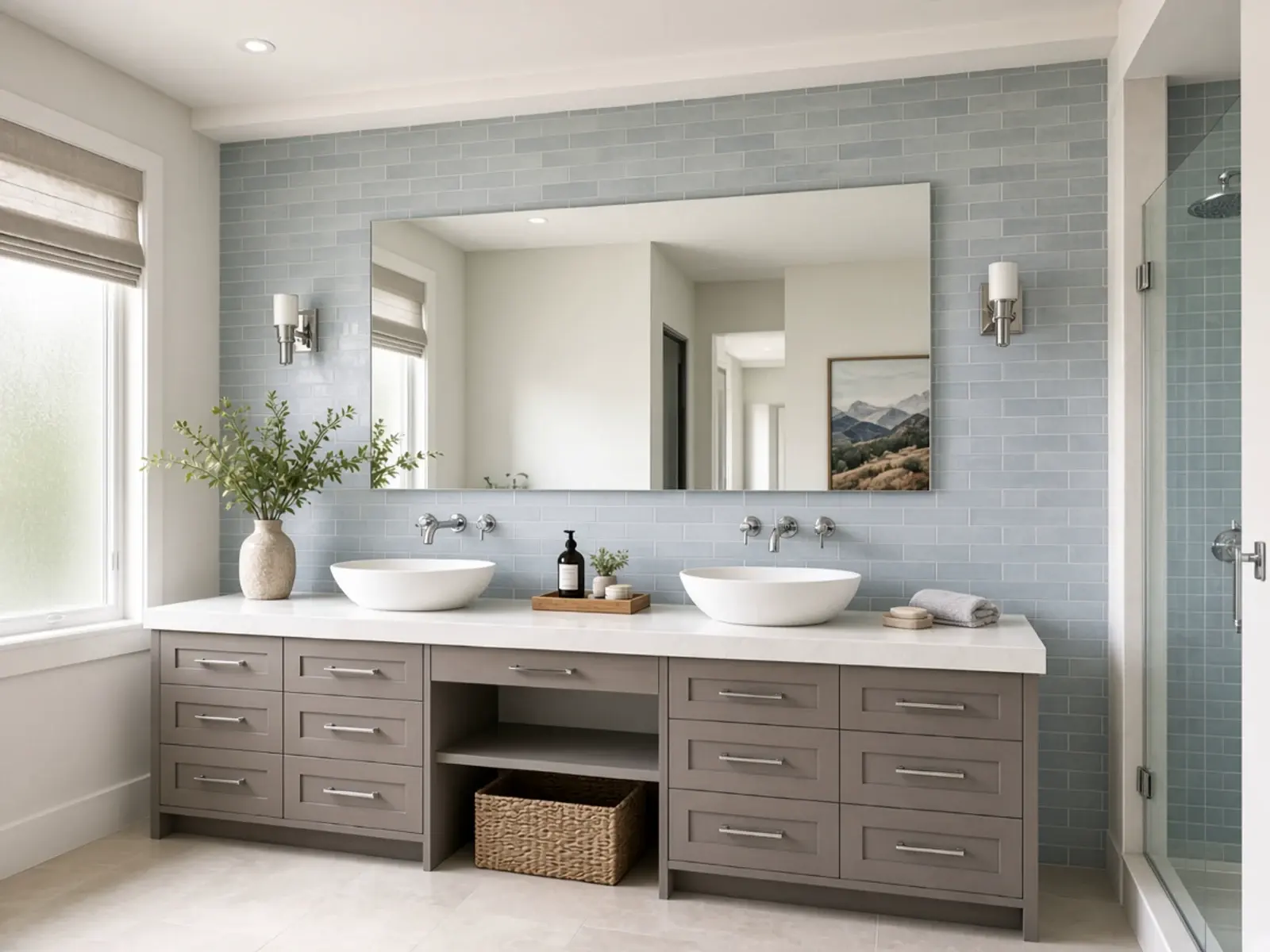 Dual vanity bathroom remodel with soft blue tile and frosted window Scottsdale Arizona