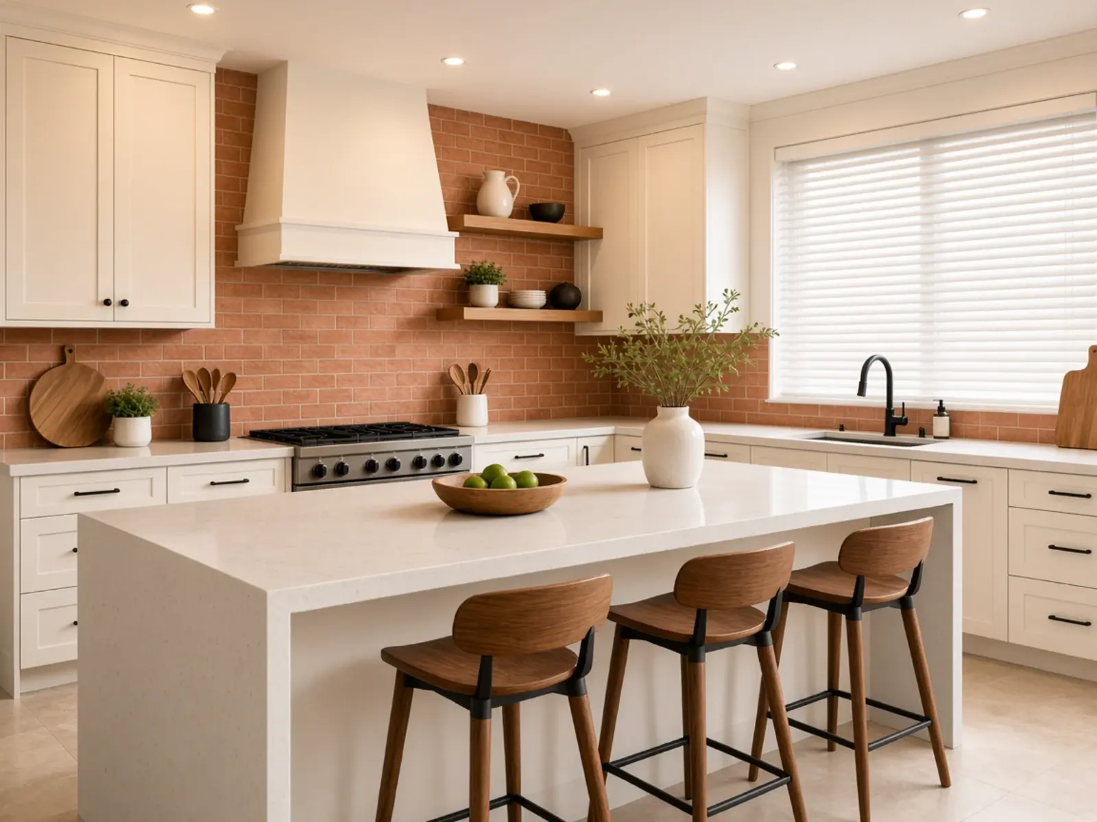 Cream kitchen remodel with terracotta backsplash and plantation blinds Scottsdale Arizona