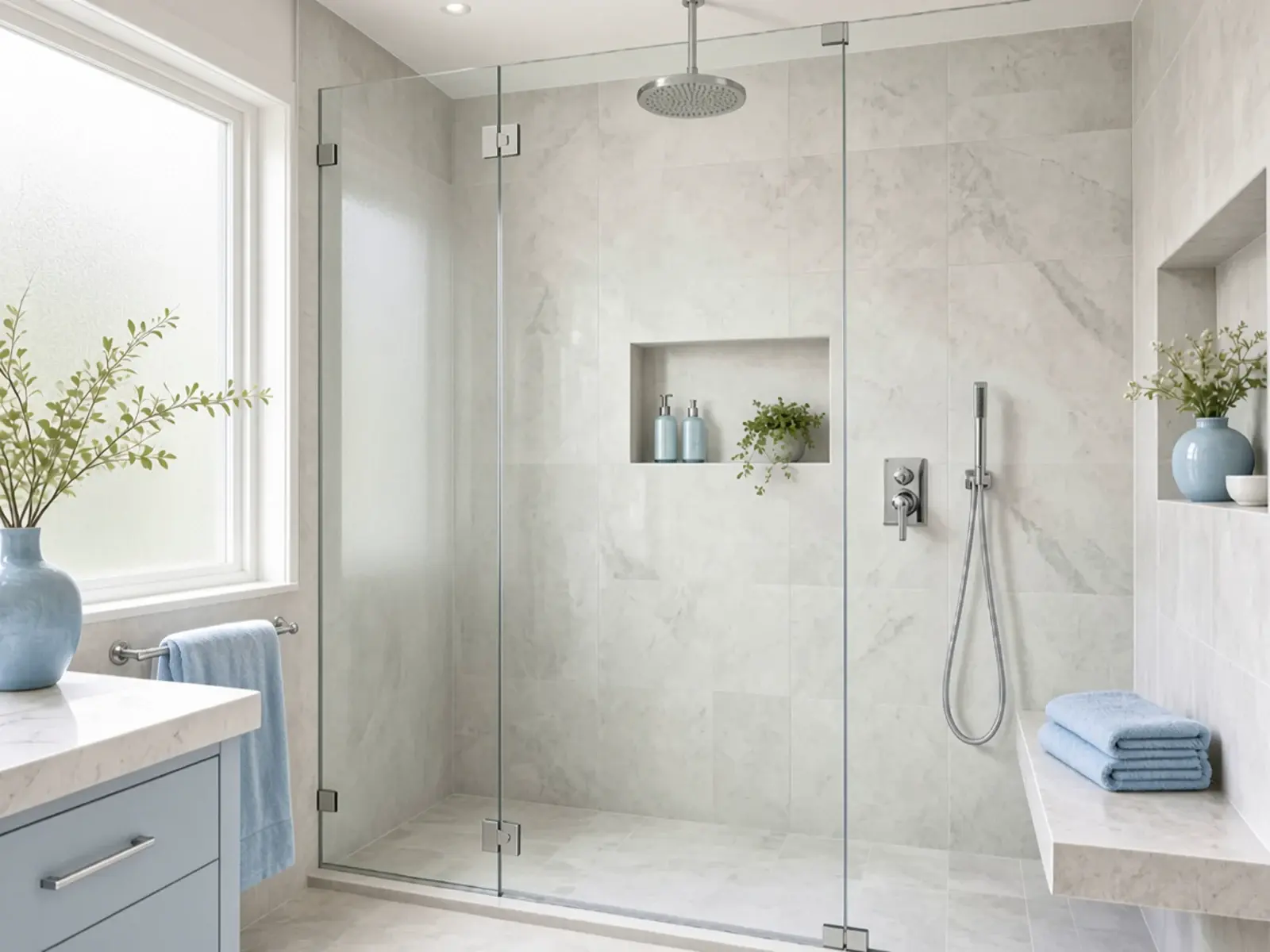 Walk in shower remodel with soft blue accents and frosted window Scottsdale Arizona