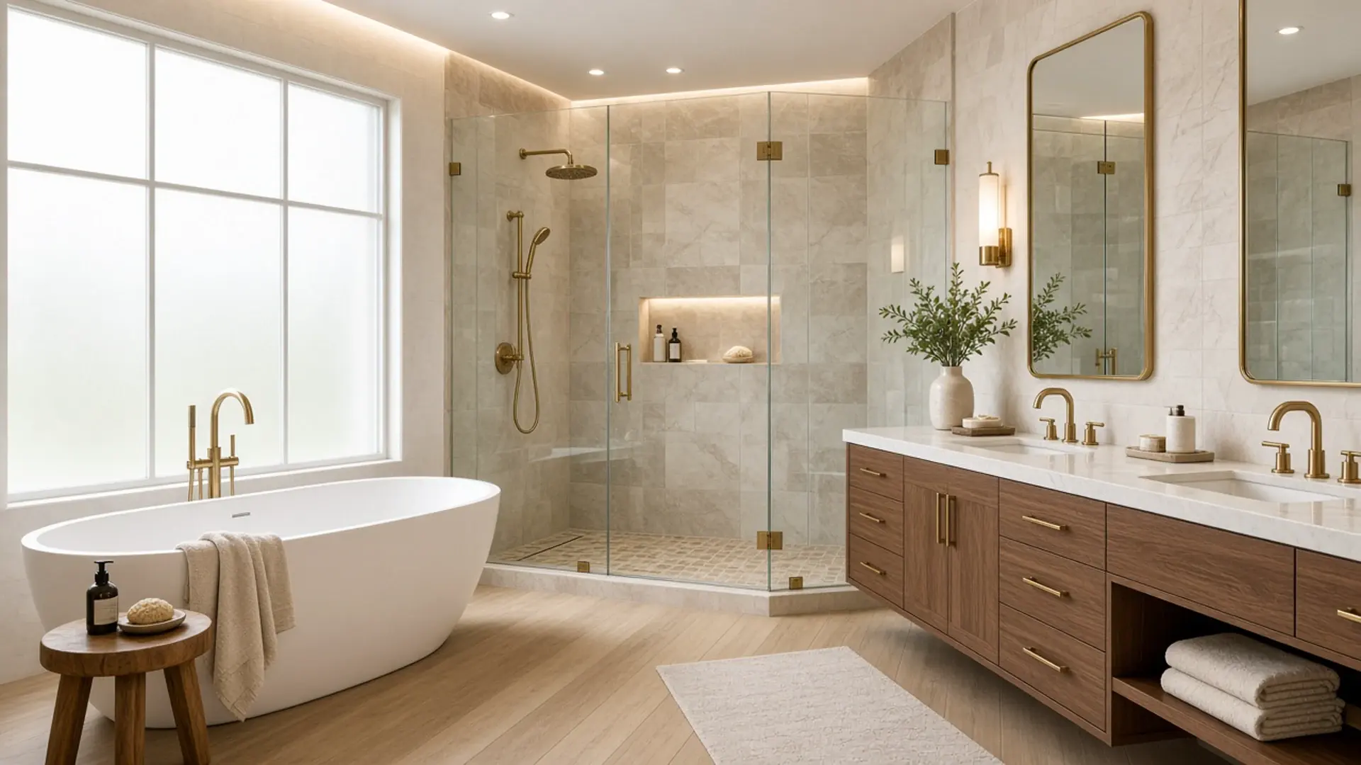 Warm oak vanity bathroom remodel with brass fixtures and frosted glass Scottsdale Arizona