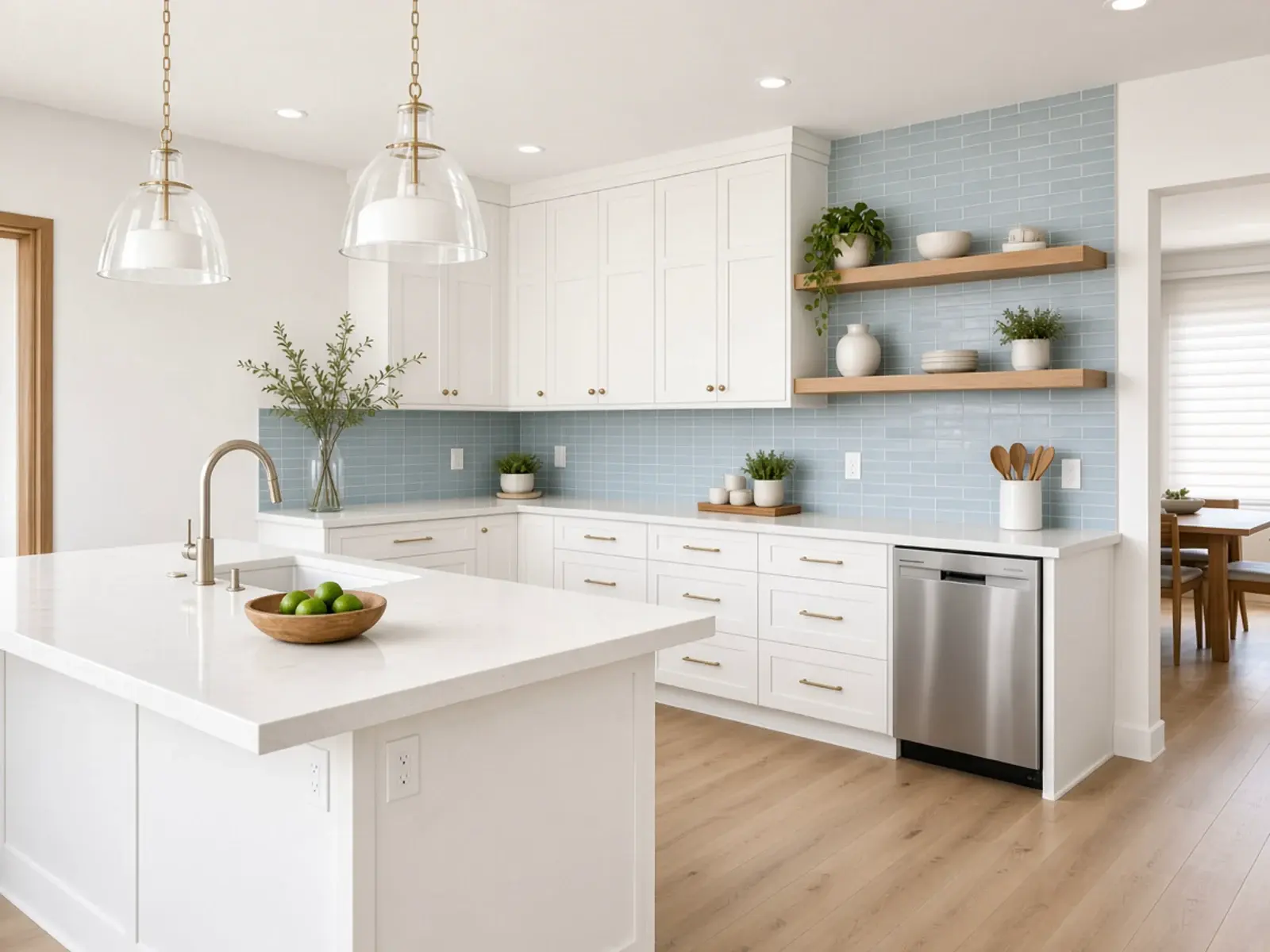 White kitchen remodel with soft blue backsplash and blinds Scottsdale Arizona